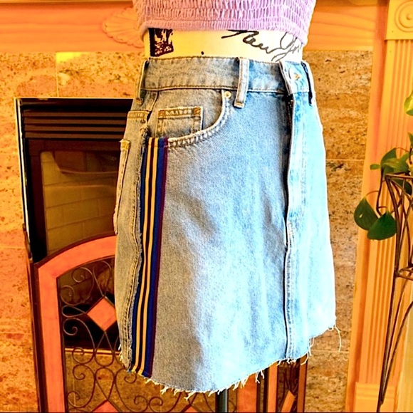 Bershka Distressed Frayed Denim Ribbon Mini Skirt - Picture 1 of 6